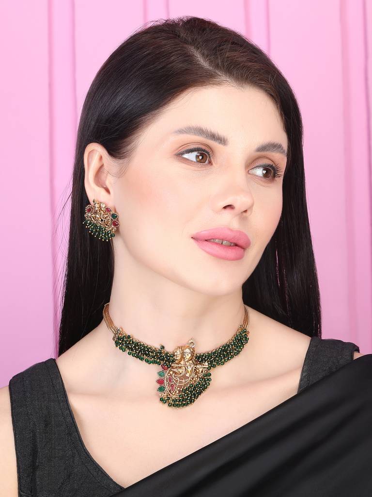 Luxurious Temple Radha Krishna Hydra Necklace Set : W09GREEN