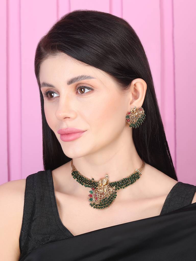 Luxurious Temple Radha Krishna Hydra Necklace Set : W09GREEN