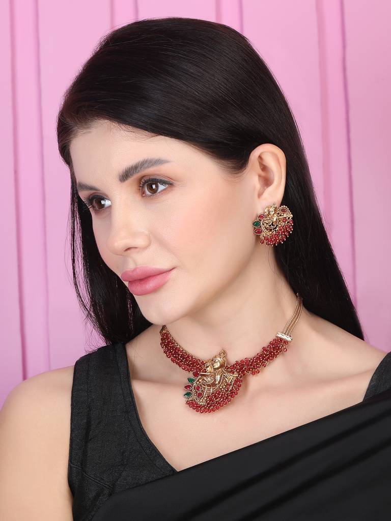 Luxurious Temple Radha Krishna Hydra Necklace Set : W09RED