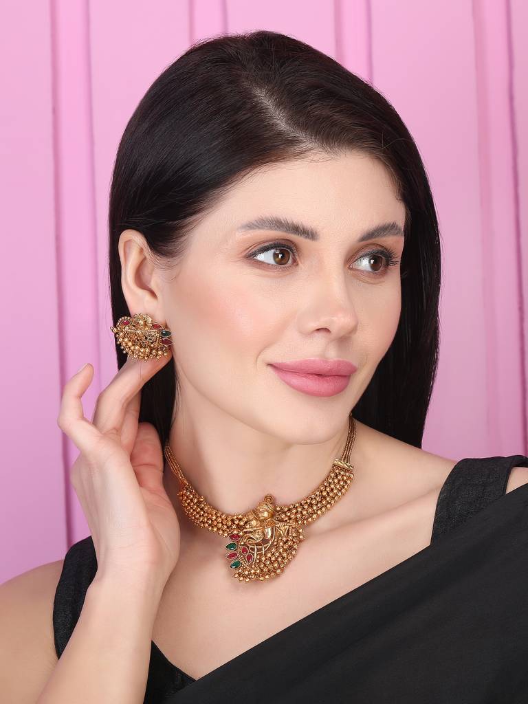 Luxurious Temple Radha Krishna Hydra Necklace Set : W09GOLD