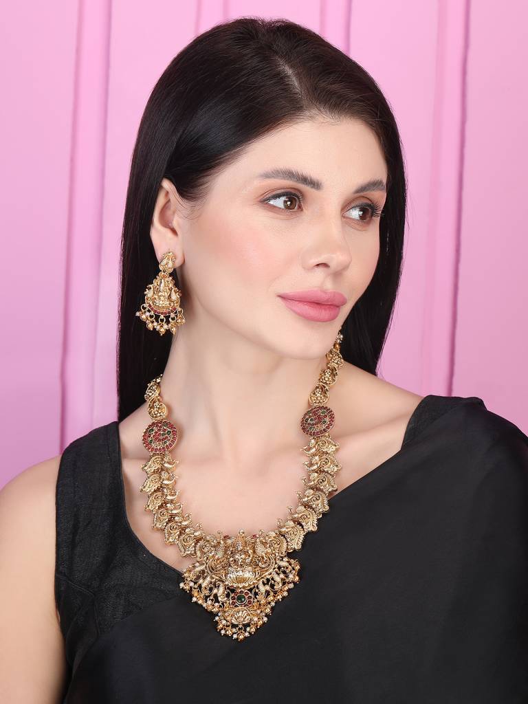 Exquisite Beads Temple Goddess Long Necklace Set : SATJS274GOLD