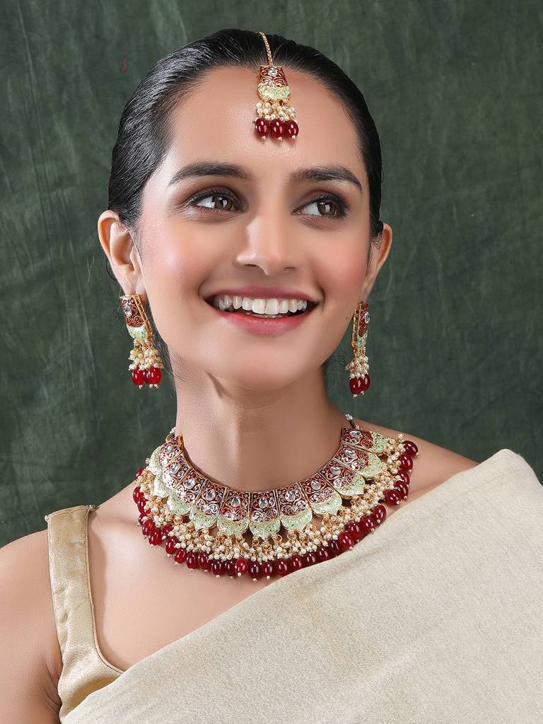 Dual Colour Kundan Meenakari Necklace Set With Earrings And Maangtika : Kundan08Maroon