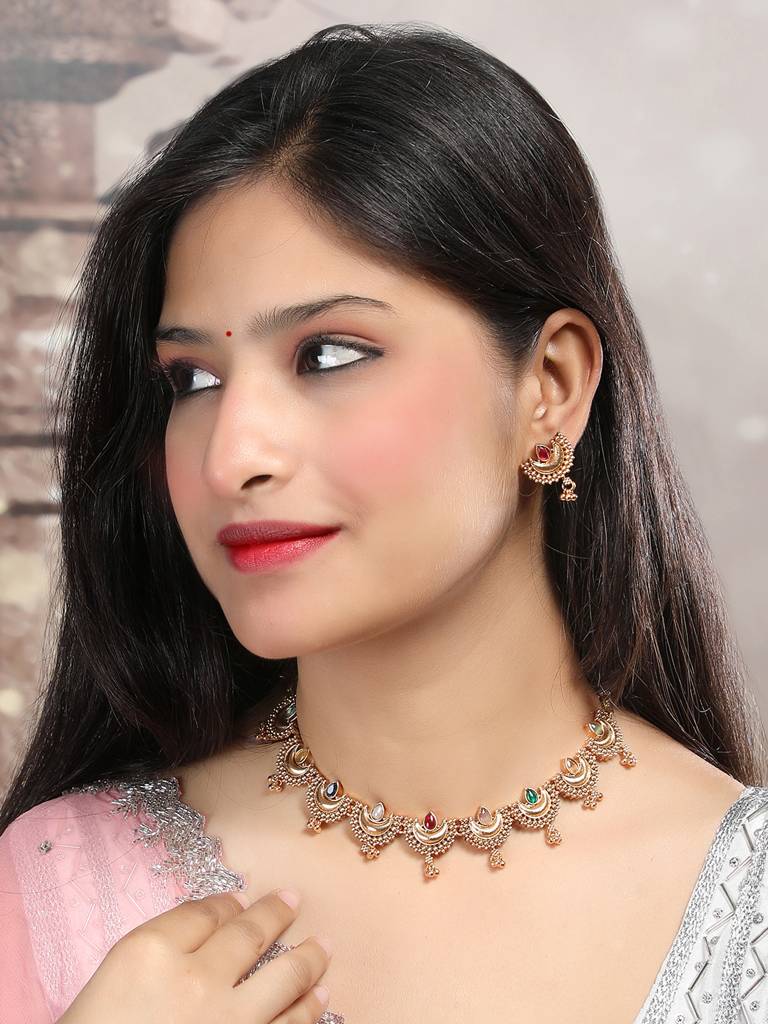 Gold Finish Half Moon Shape Necklace Set : SATJS347Multi