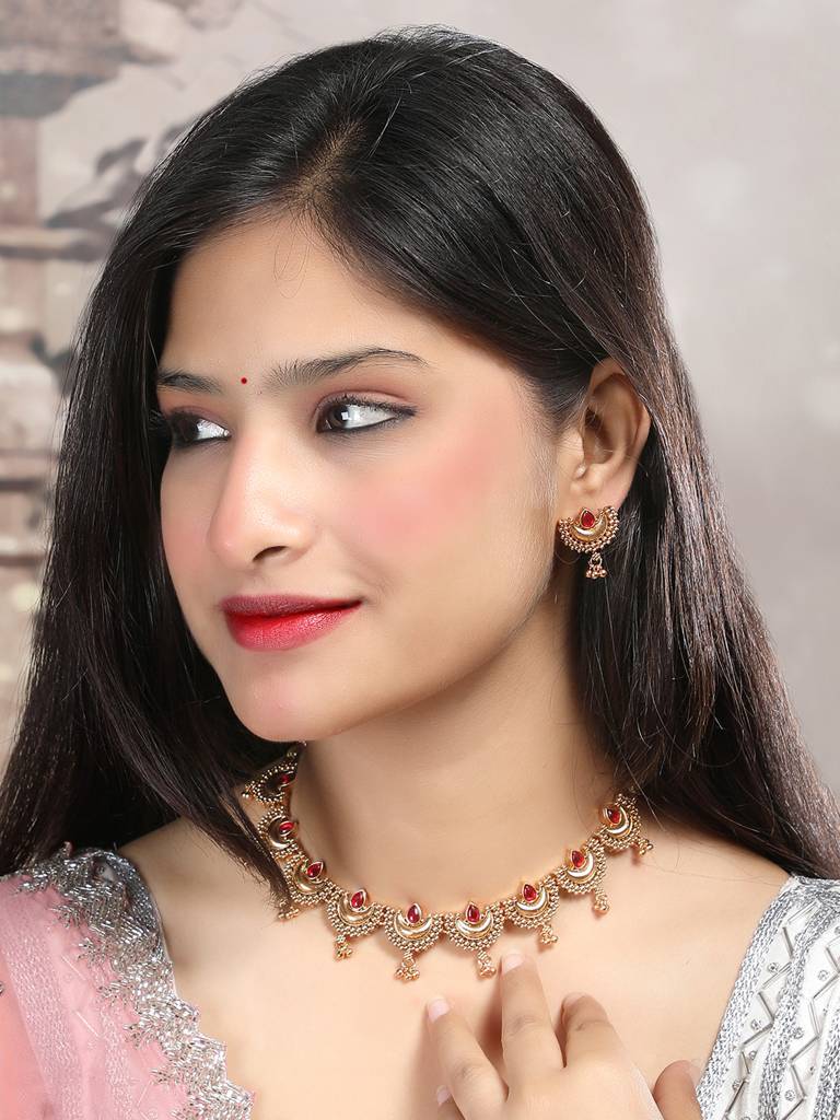 Gold Finish Half Moon Shape Necklace Set : SATJS347Red