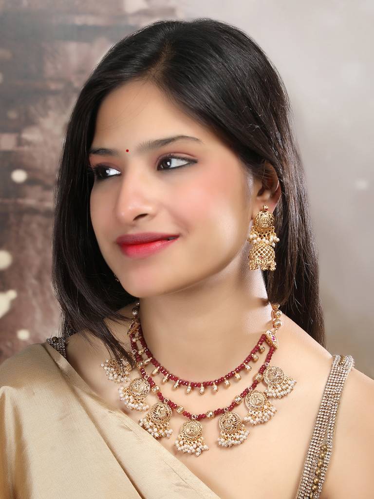 Beads Double Line Filigree Necklace Set : PA15Red