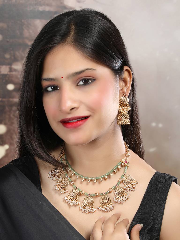 Beads Double Line Filigree Necklace Set : PA15Mint