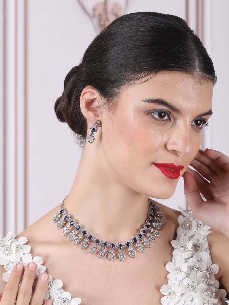 Elegant Leaf Style American Diamond Necklace Set With Sleek Earrings : AD138BLUE