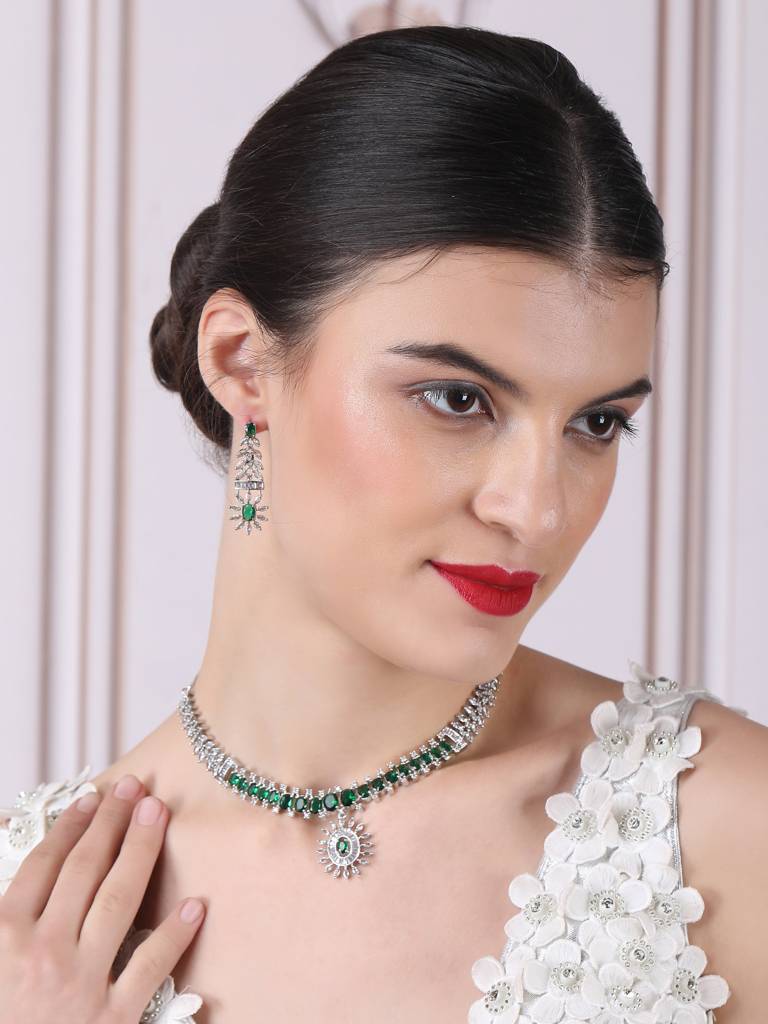 Silver Plated American Diamond Studded Dual Shade Necklace Set : AD142Green