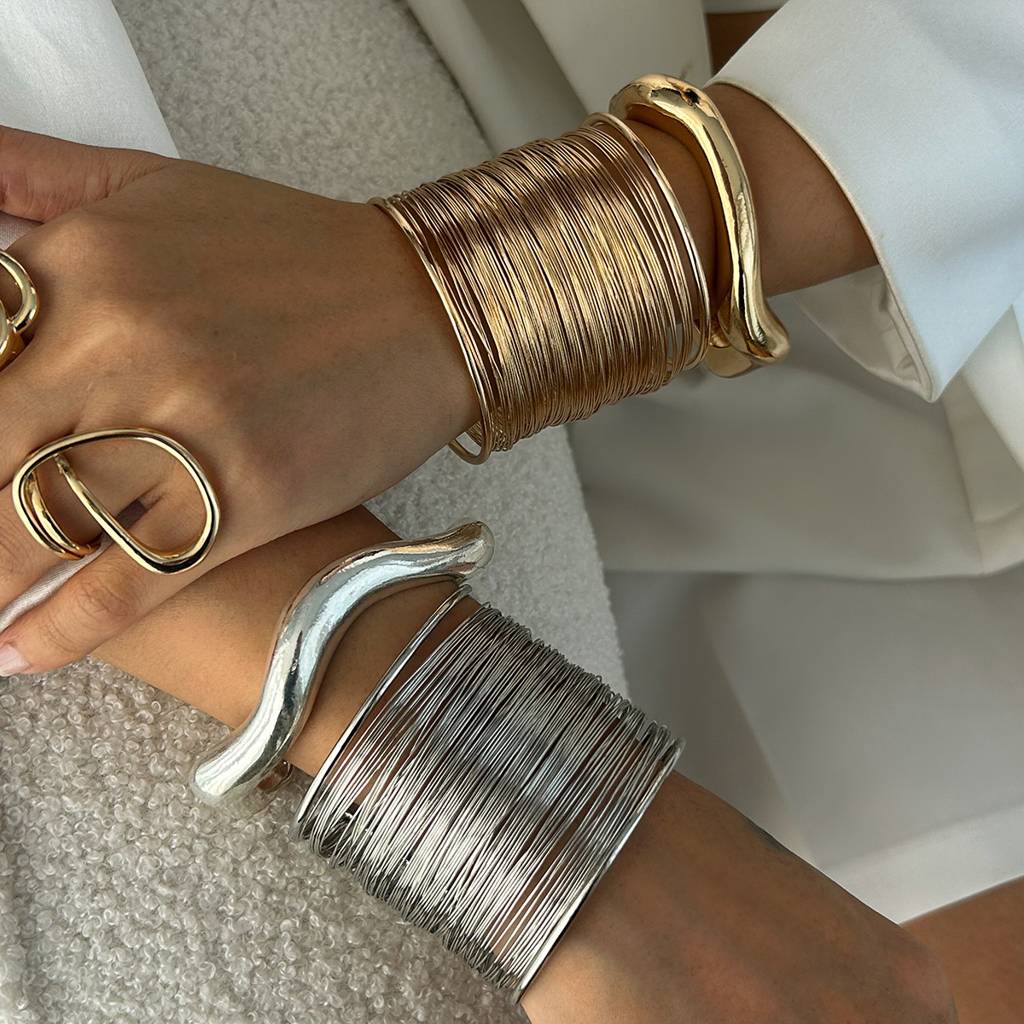 Gold/Silver Plated Anti-Tranish Bold Chunky Coil Wire And Wavy Statement Open Cuff Bracelet Combo : ADNSX0525B6712GC2
