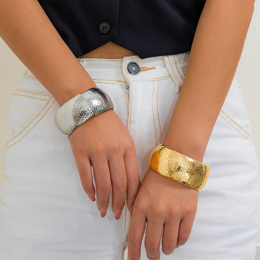 Shiny Gold/Silver Plated Anti-Tarnish Bold Hammered Chunky Open Bangle Bracelet : ADN0525B367G