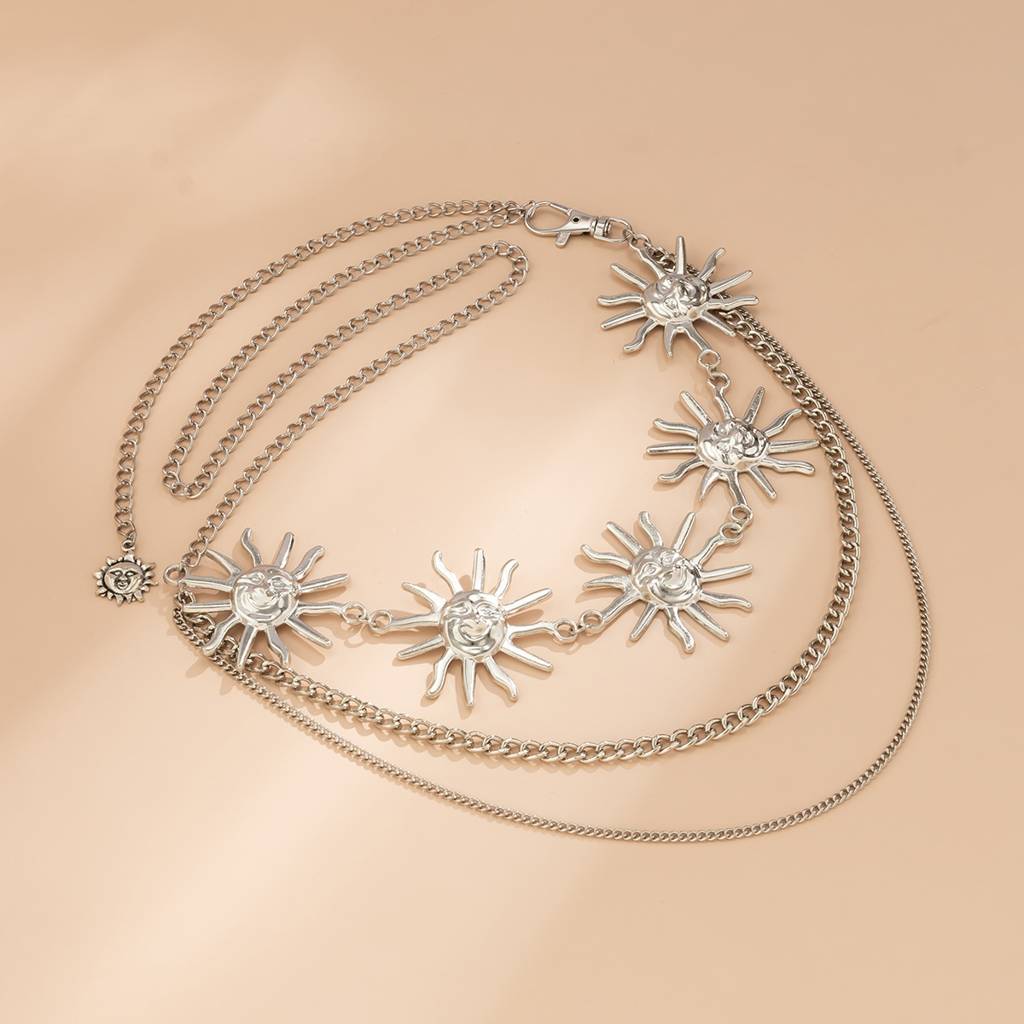 Boho Style Silver Plated Smiling Sun Layered Waist Chain : AMU0125WC492S