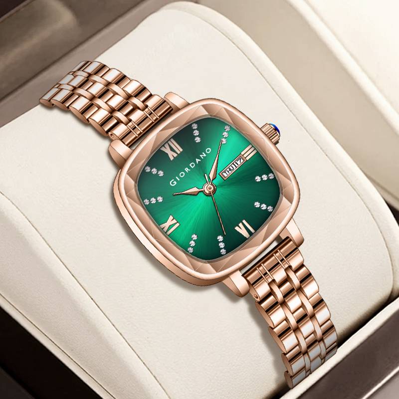 Giordano Elegant Square Rose Gold Watch For Women Â Crystal & Roman Hour Markers, Day-Date Display, Stainless  : GZ-60097-33