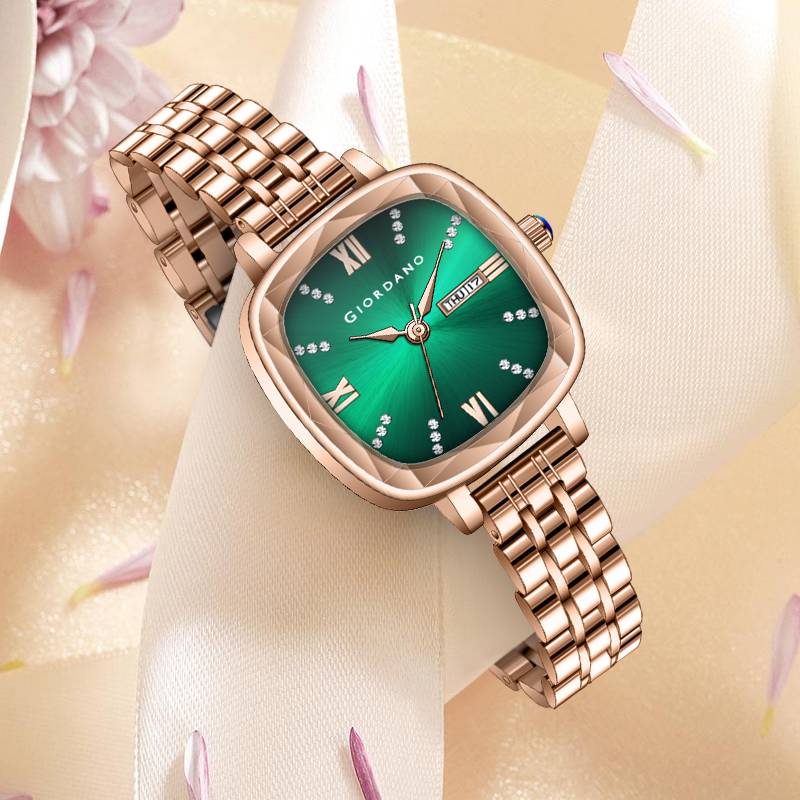 Giordano Elegant Square Rose Gold Watch For Women Â Crystal & Roman Hour Markers, Day-Date Display, Stainless  : GZ-60097-33