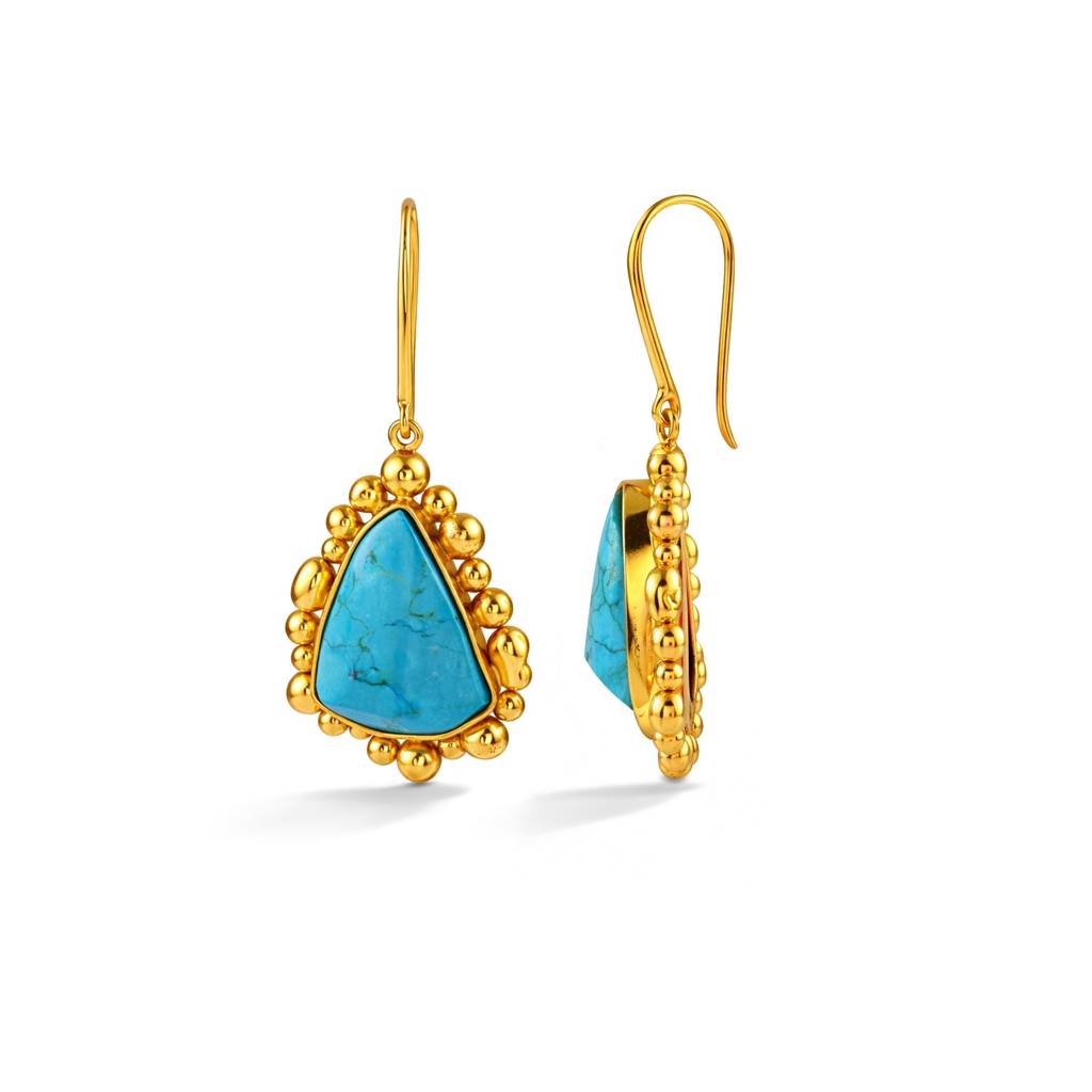 Gold Plated Natural Turquoise Pebble Drop Earrings : AWE-411