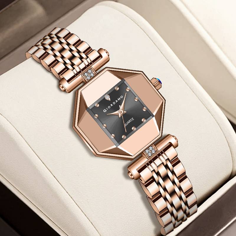 Giordano Dress Watch For Women Â Rose Gold Finish, Diamond Accented Octagonal Dial & Stainless Steel Strap-Gz- : GZ-60096-11