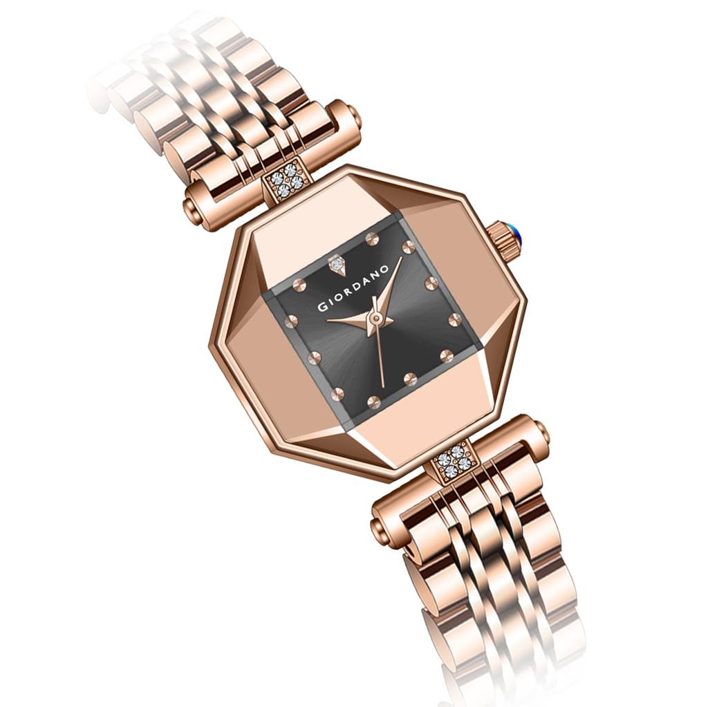 Giordano Dress Watch For Women Â Rose Gold Finish, Diamond Accented Octagonal Dial & Stainless Steel Strap-Gz- : GZ-60096-11
