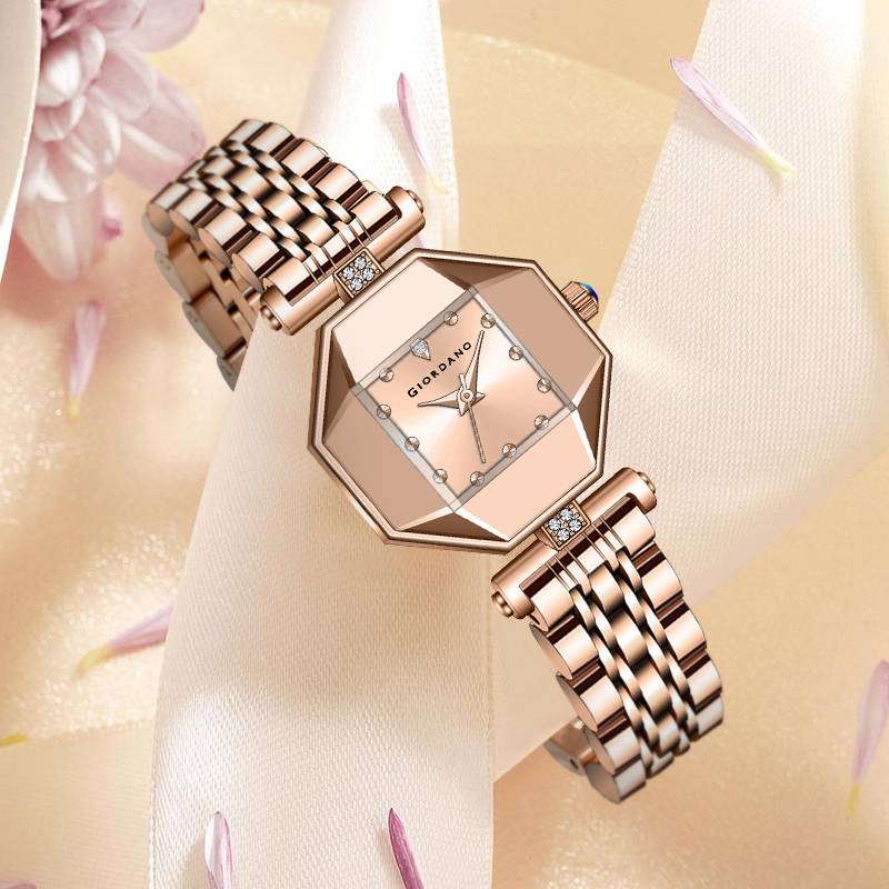 Giordano Dress Watch For Women Â Rose Gold Finish, Diamond Accented Octagonal Dial & Stainless Steel Strap-Gz- : GZ-60096-22