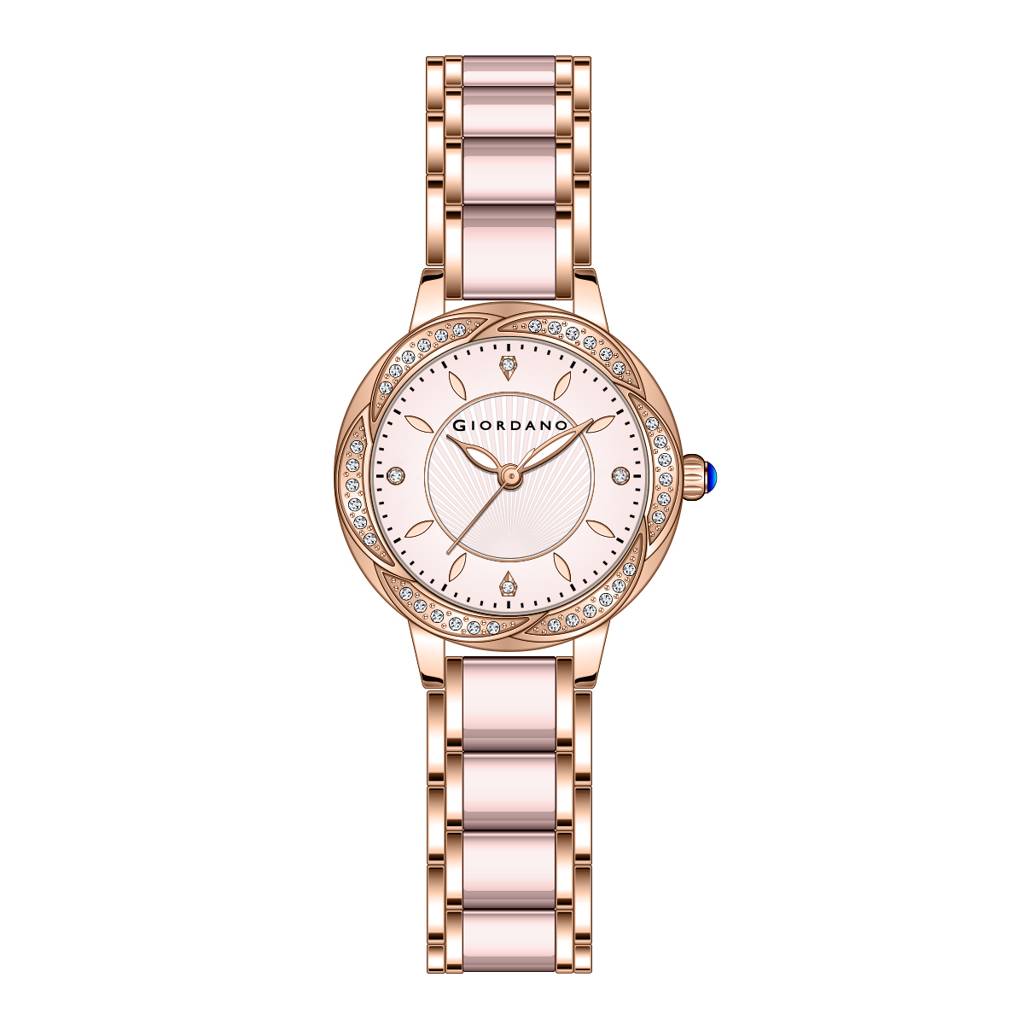 Giordano Flower Case Watch For Women With Crystal-Studded Bezel, Diamond Hour Markers & Dual Tone Stainless Stra : GZ-60095-22