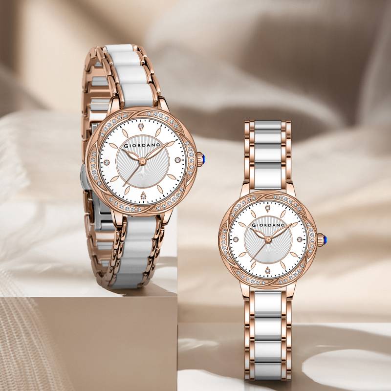 Giordano Flower Case Watch For Women With Crystal-Studded Bezel, Diamond Hour Markers & Dual Tone Stainless Stra : GZ-60095-33