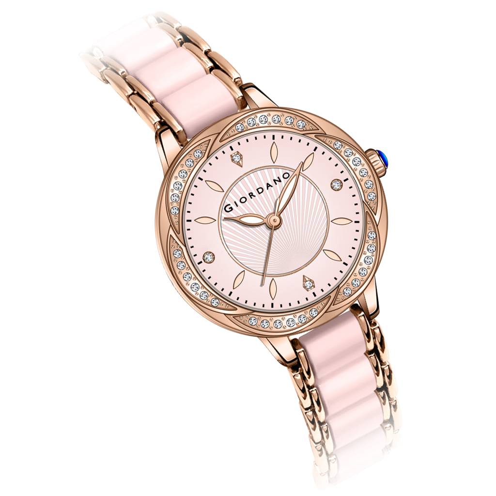 Giordano Flower Case Watch For Women With Crystal-Studded Bezel, Diamond Hour Markers & Dual Tone Stainless Stra : GZ-60095-22