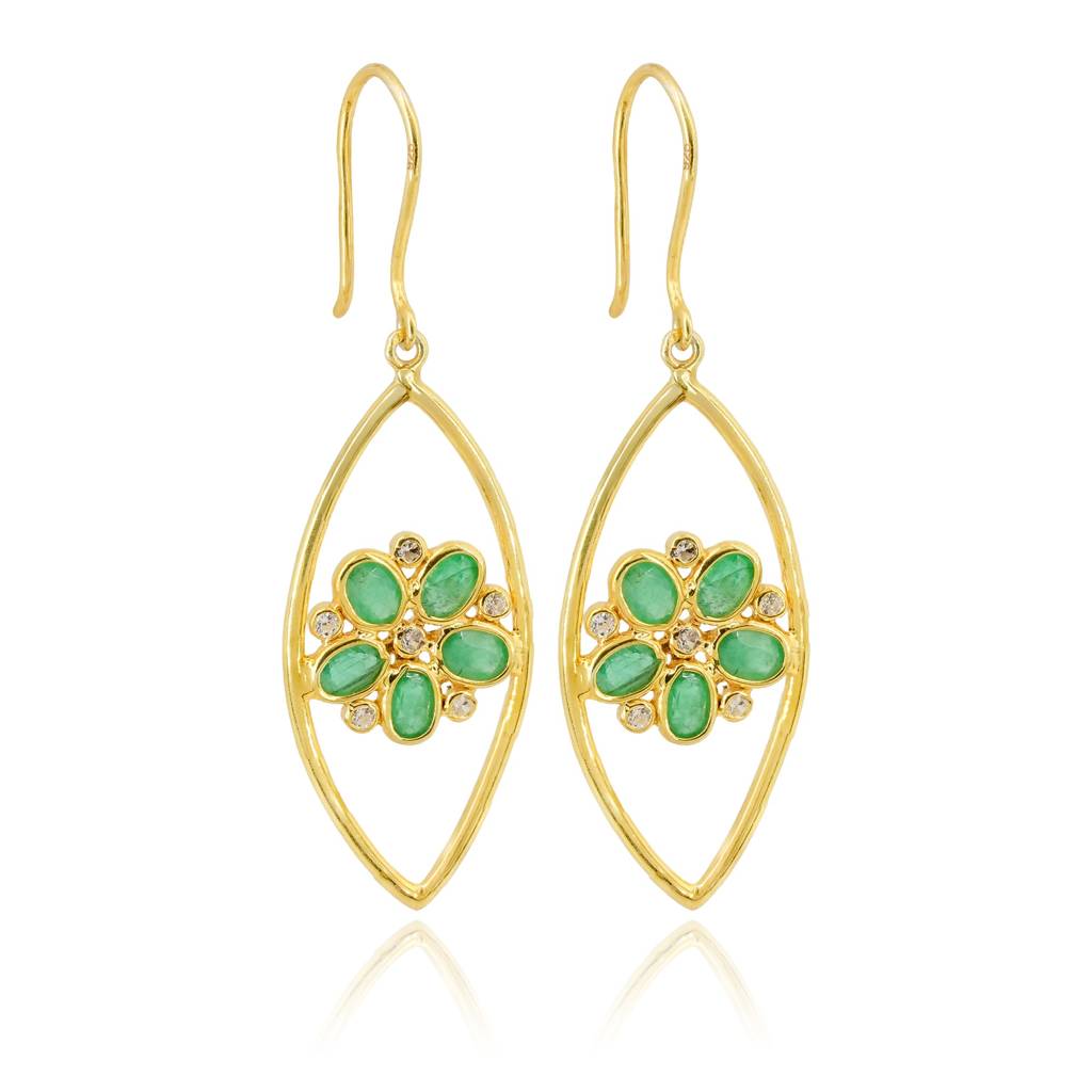 Marquise Drop Earrings With Emerald Flower & Cz Accents In 18K Gold-Plated 925 Silver : ER0002