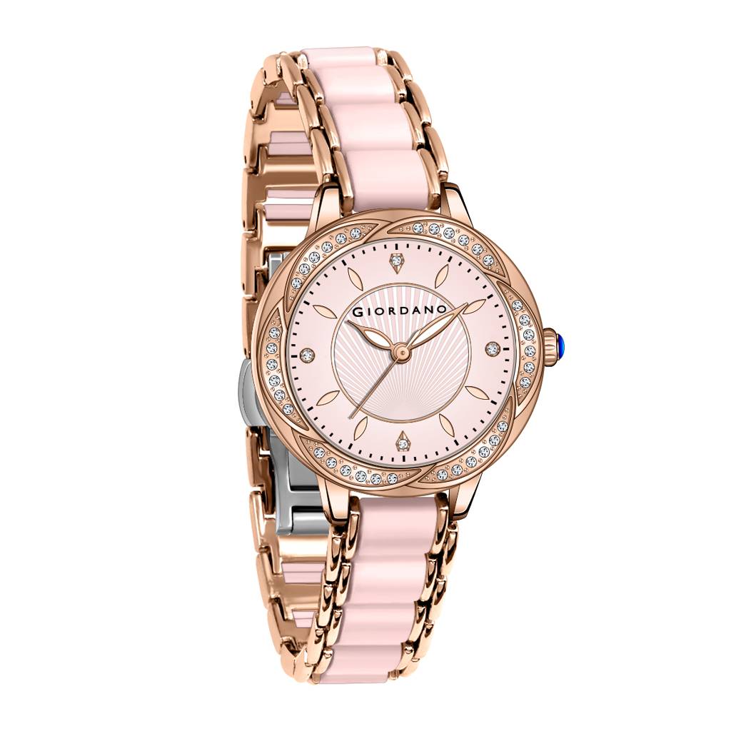 Giordano Flower Case Watch For Women With Crystal-Studded Bezel, Diamond Hour Markers & Dual Tone Stainless Stra : GZ-60095-22