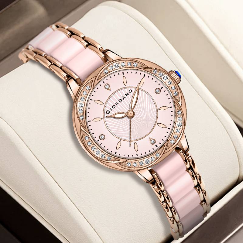 Giordano Flower Case Watch For Women With Crystal-Studded Bezel, Diamond Hour Markers & Dual Tone Stainless Stra : GZ-60095-22
