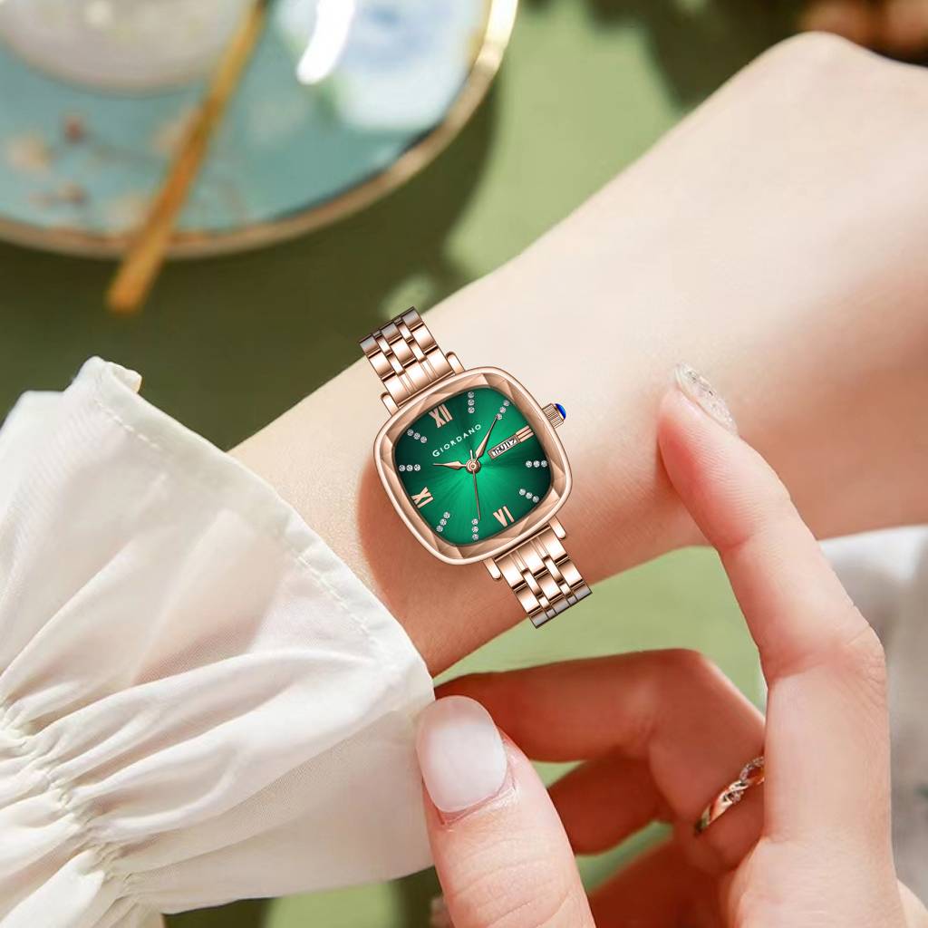 Giordano Elegant Square Rose Gold Watch For Women Â Crystal & Roman Hour Markers, Day-Date Display, Stainless  : GZ-60097-33