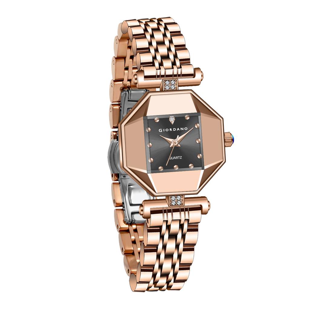 Giordano Dress Watch For Women Â Rose Gold Finish, Diamond Accented Octagonal Dial & Stainless Steel Strap-Gz- : GZ-60096-11