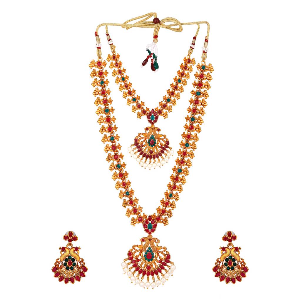 Estele Gold Plated Double Line Peacock Nakshi Temple Necklace Set With Colored Stones & Pearls For Women : OS-J01-SHVNKER