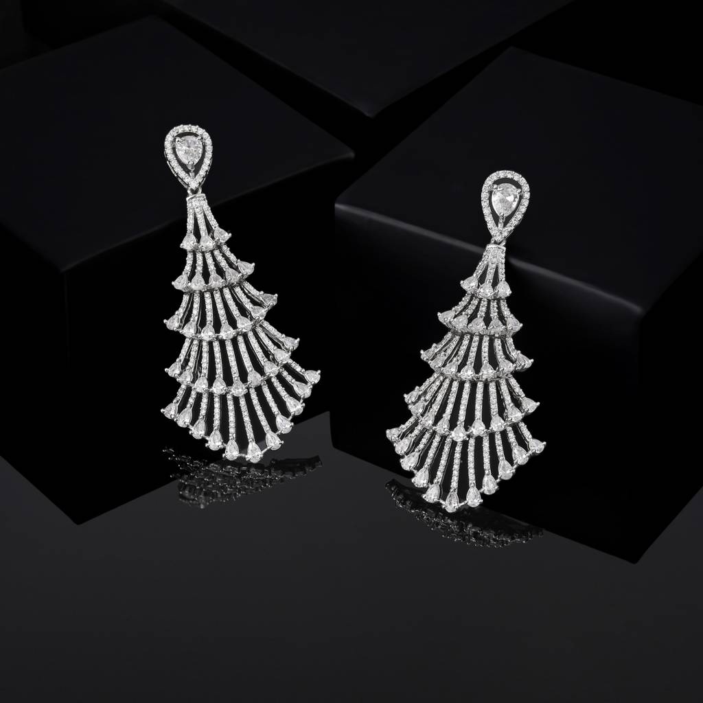 Estele Rhodium Plated Cz Magnificent Drizzle Designer Earrings For Women : AD-113724-IRER