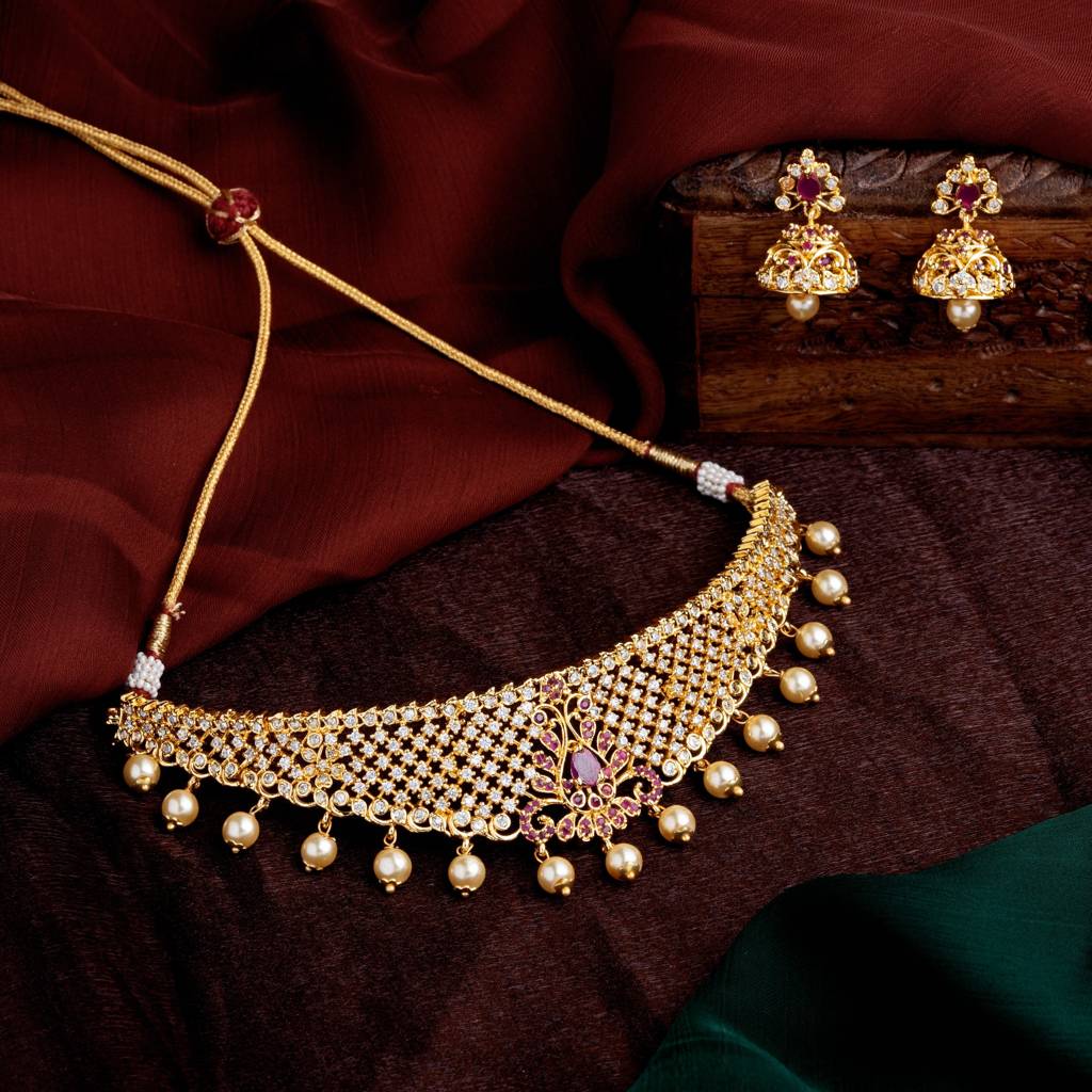 Estele Gold Plated Cz Traditional Bridal Choker Set With Pearls & Ruby Crystals For Women : AD-544C-IGNKER