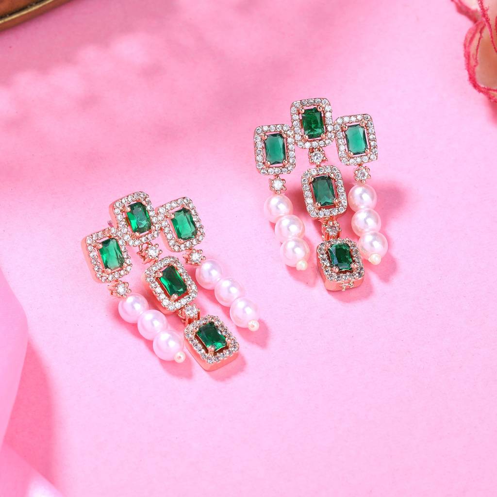 Estele Rose Gold Plated Cz Shimmering Earrings With Green Stones & Pearls For Women : AD-773-RGGNERER
