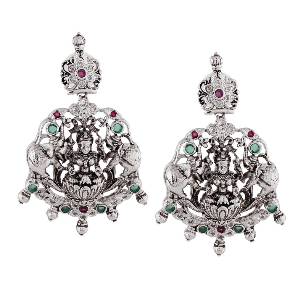 Estele Rhodium Plated Cz Lakshmi Devi Embellished With Elephants Designer Earrings For Women : AD-618-IR-ERER