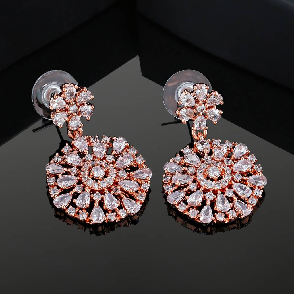 Estele Rose Gold Plated Cz Gorgeous Drop Earrings With White Crystals For Women : AD-114710-RGWEER