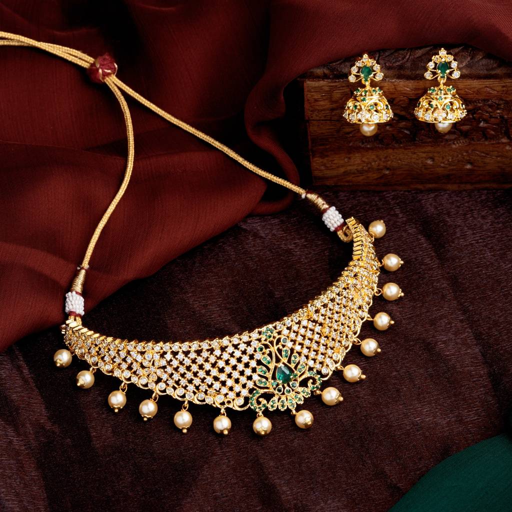 Estele Gold Plated Cz Traditional Bridal Choker Set With Pearls & Green Crystals For Women : AD-544B-IGNKER