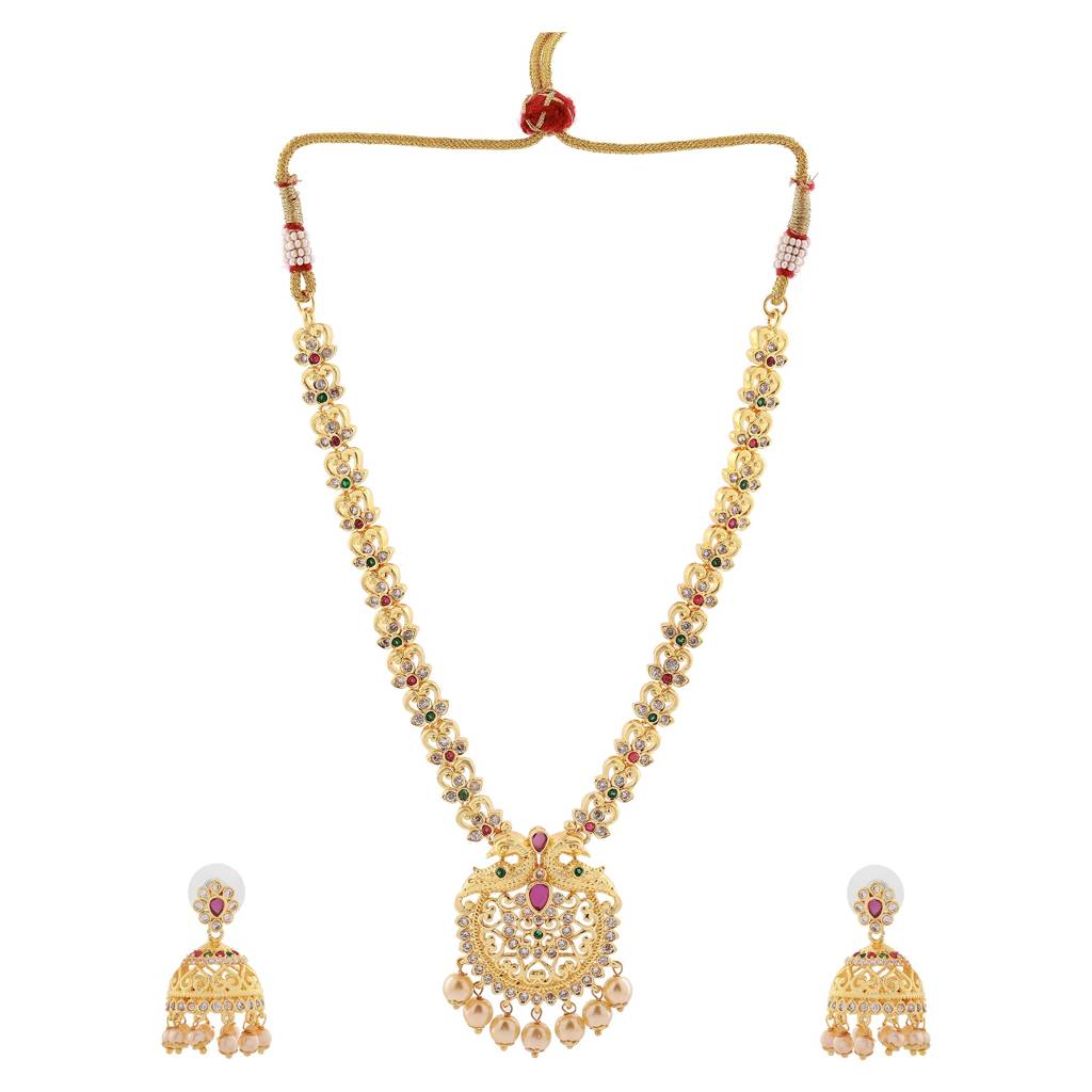 Estele Gold Plated Cz Peacock Inspired Bridal Long Necklace Set With Color Stones & Pearls For Women : AD-558-IGNKER