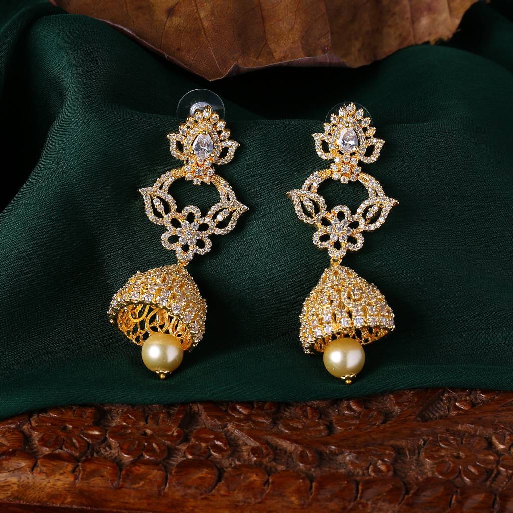 Estele Gold Plated Cz Fascinating Designer Earrings With Pearl For Women : AD-113703-IGER