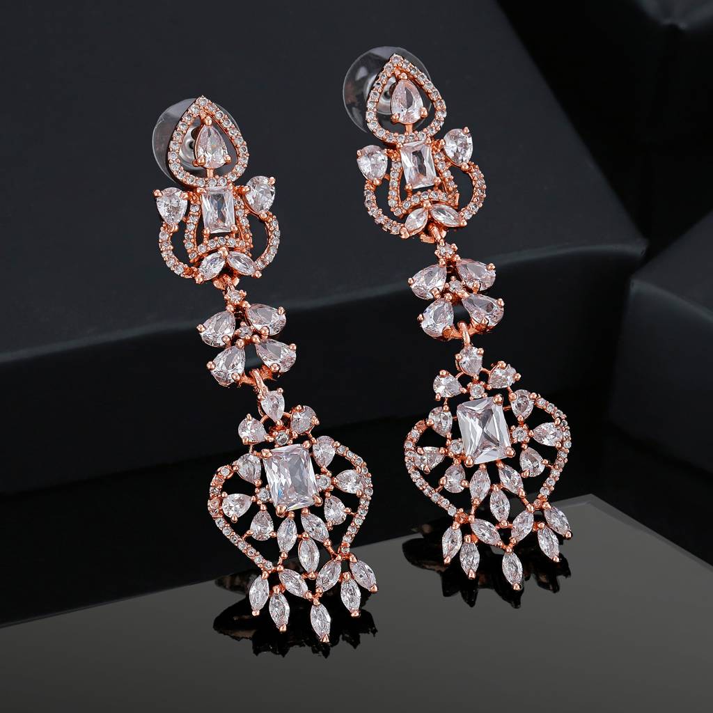 Estele Rose Gold Plated Cz Magnificent Drop Earrings With White Crystals For Women : AD-114704-RGWEER
