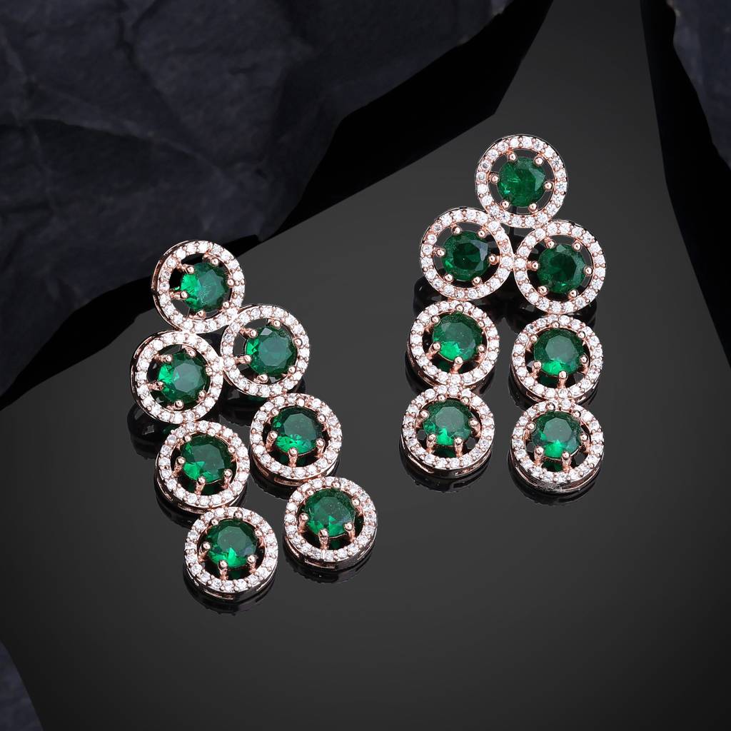 Estele Rose Gold Plated Cz Splendid Drop Earrings With Green Stones For Women : AD-771-RGGNERER