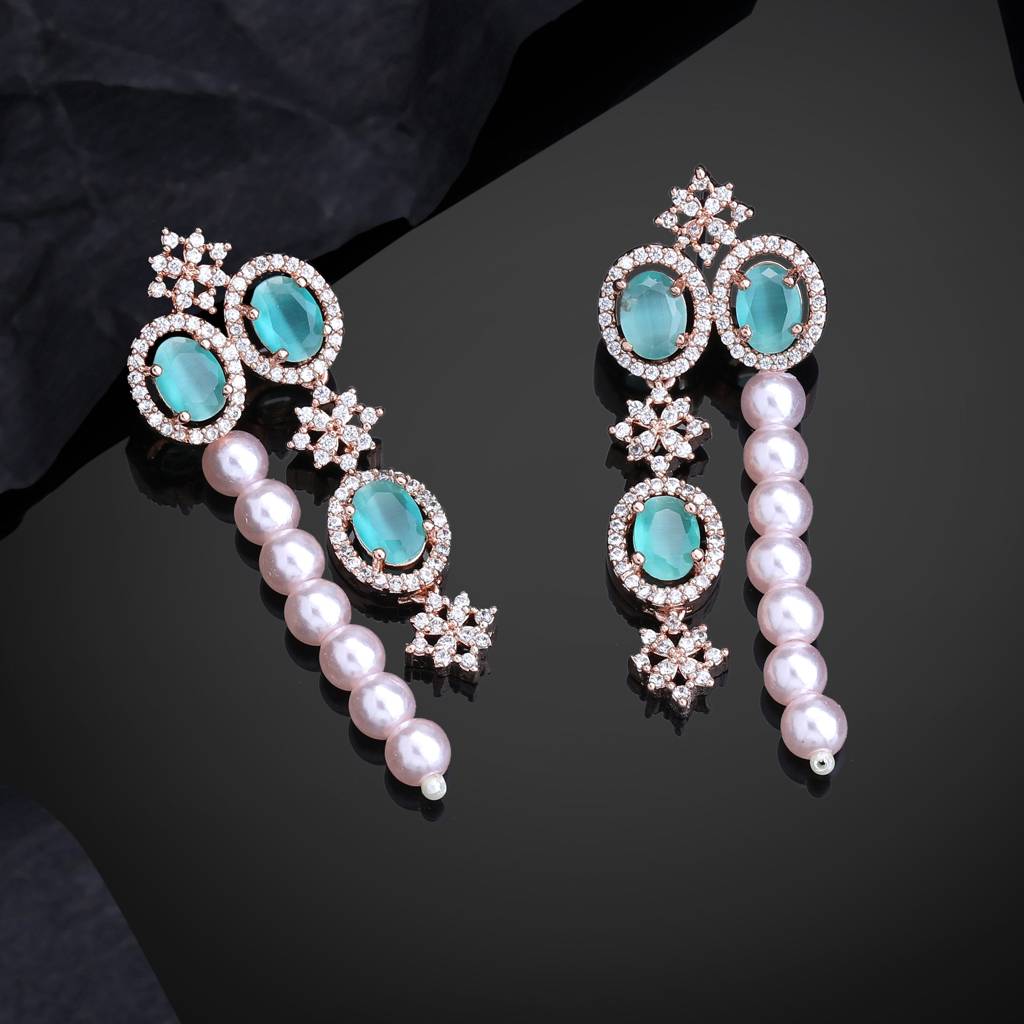 Estele Rose Gold Plated Cz Magnificent Earrings With Mint Green Stones & Pearls For Women : AD-770-RGMGERER