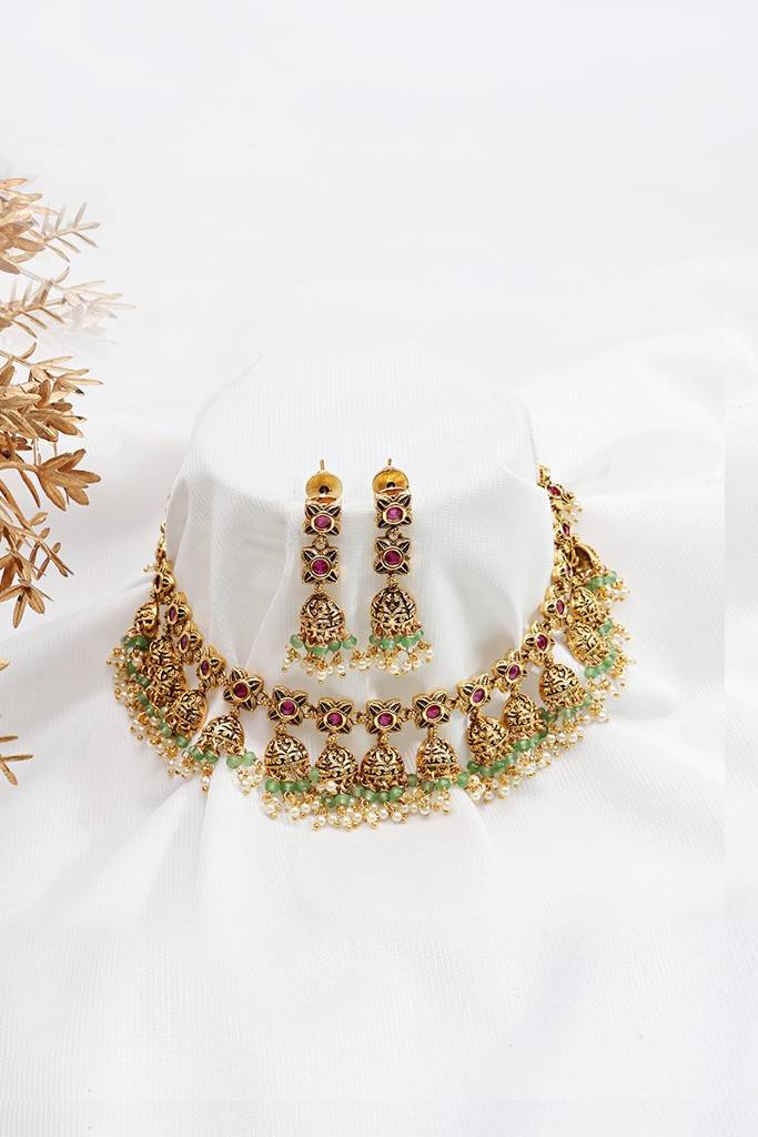 Gold Finish Ruby Emerald Floral Necklace With Jhumka Earrings : PR-96N