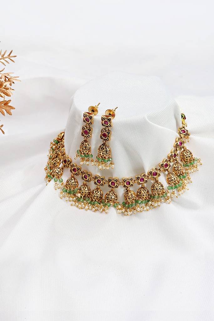 Gold Finish Ruby Emerald Floral Necklace With Jhumka Earrings : PR-96N