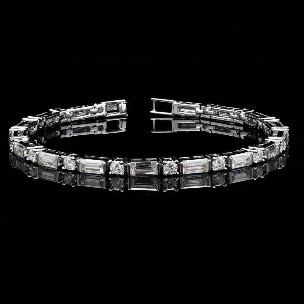 Pure 925 Silver Baguette And Round Tennis Moissanite Bracelet For Men & Women : SYM-0470