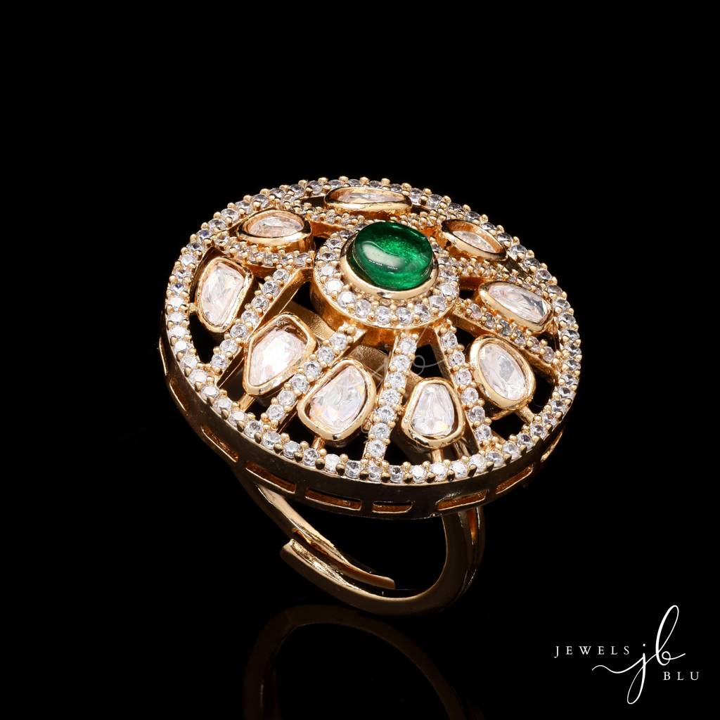 Polki Tara Adjustable Gold Finish Ring With Emerald And Pearl Beads Detailing : 200019