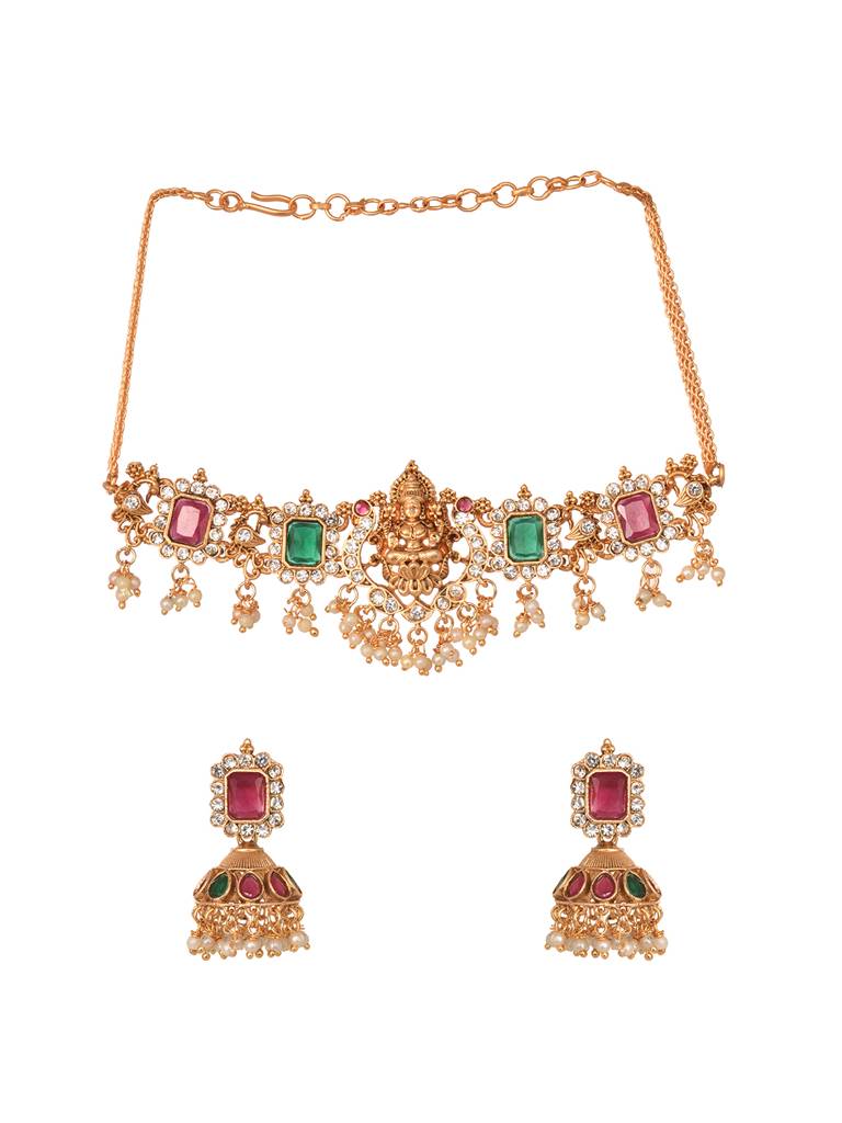 Gold Plated Green & Red Stone Studded Handcrafted Exquisite Design Lakshmi Ji Temple Jewellery Set : SJNK2000