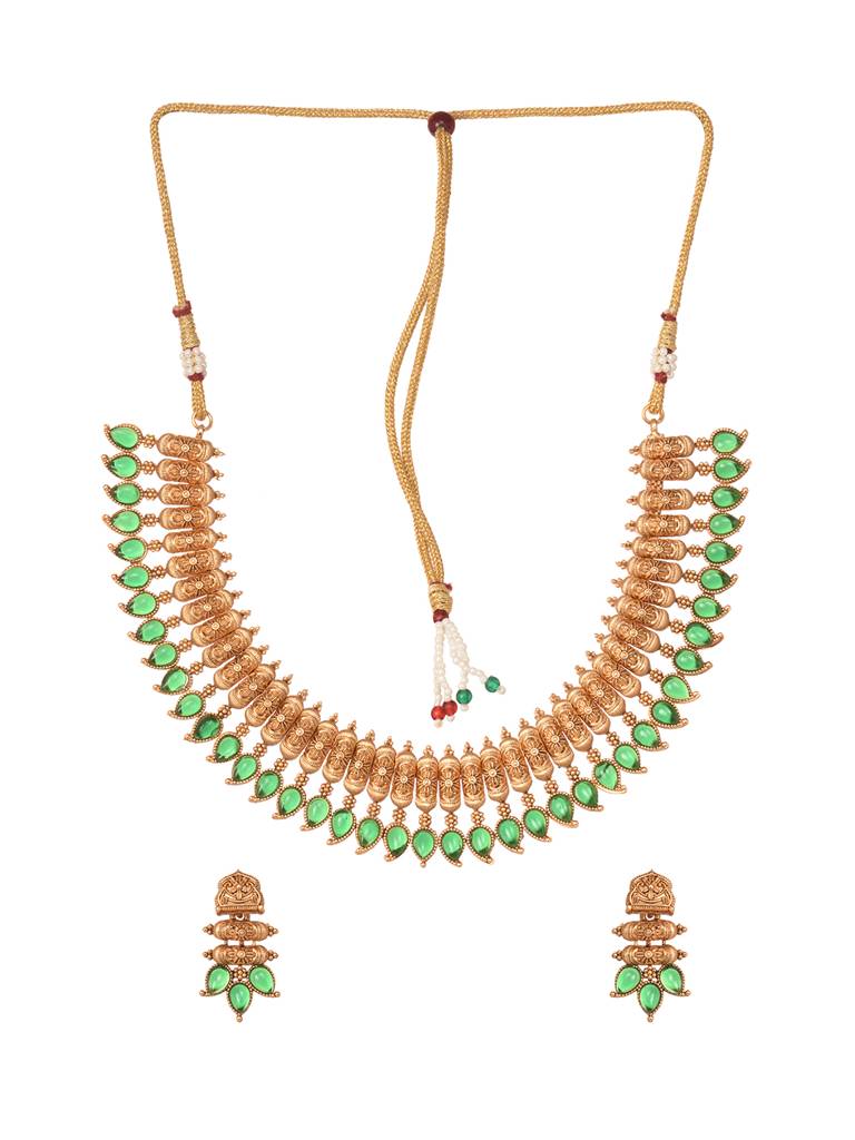 Gold Plated Green Stone Studded Handcrafted Leaf Design Temple Jewellery Set : SJNK2002