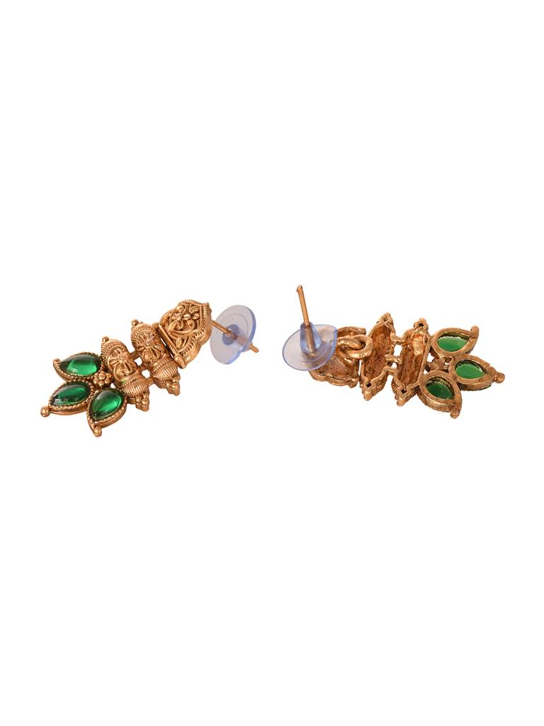 Gold Plated Green Stone Studded Handcrafted Leaf Design Temple Jewellery Set : SJNK2002