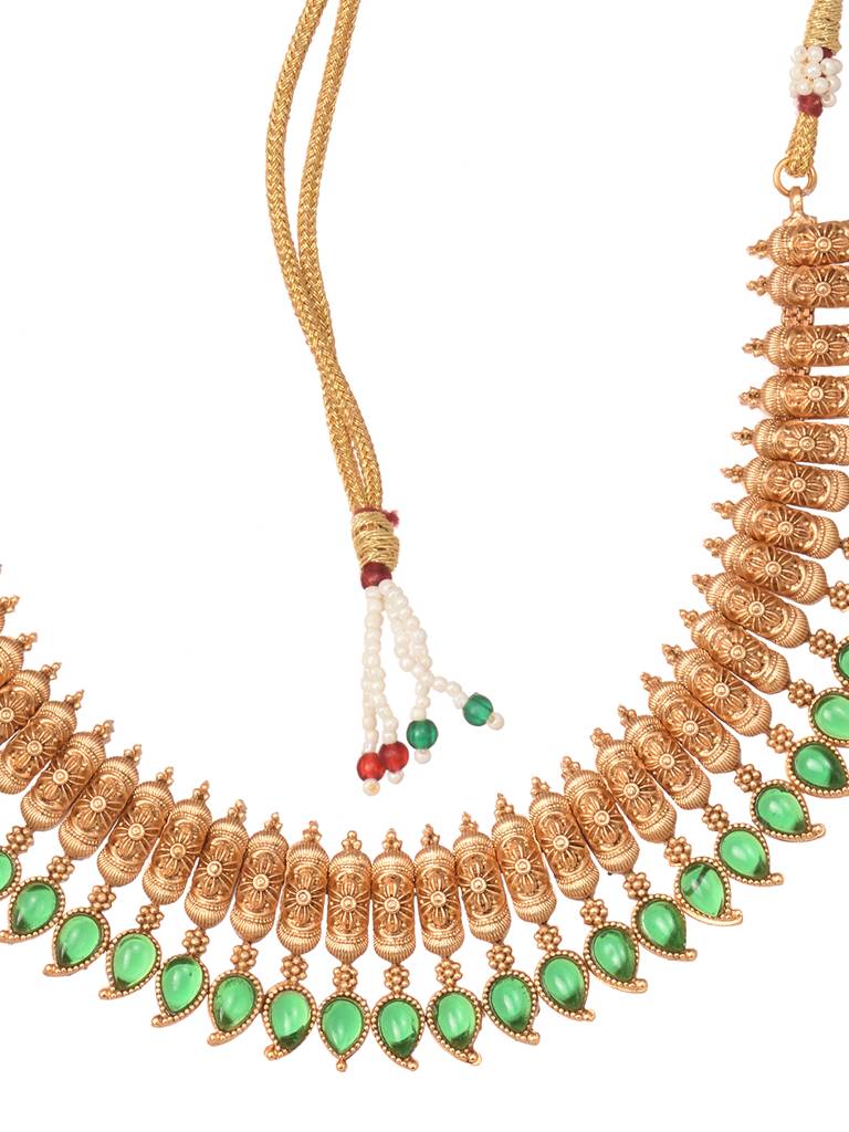 Gold Plated Green Stone Studded Handcrafted Leaf Design Temple Jewellery Set : SJNK2002