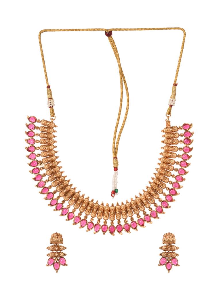 Gold Plated Red Stone Studded Handcrafted Leaf Design Temple Jewellery Set : SJNK2003